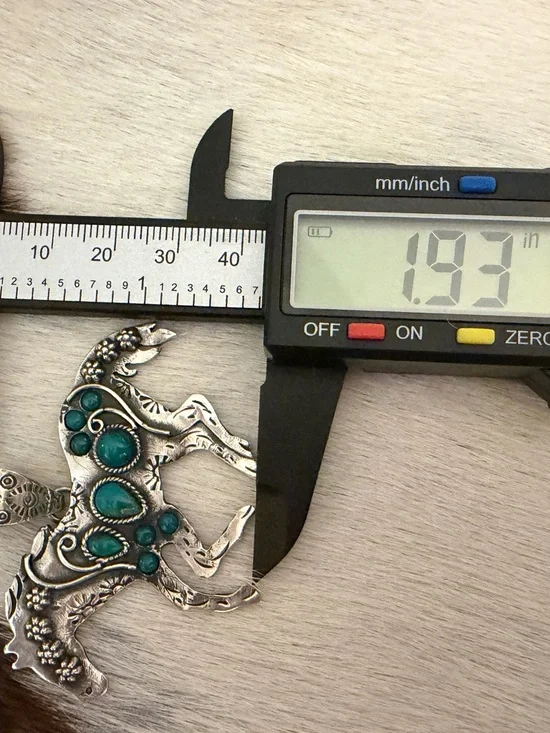 ❤️Kingman Turquoise Sterling Hand Stamped Statement Running Horse Pendant 2.41”W - Picture 11 of 12